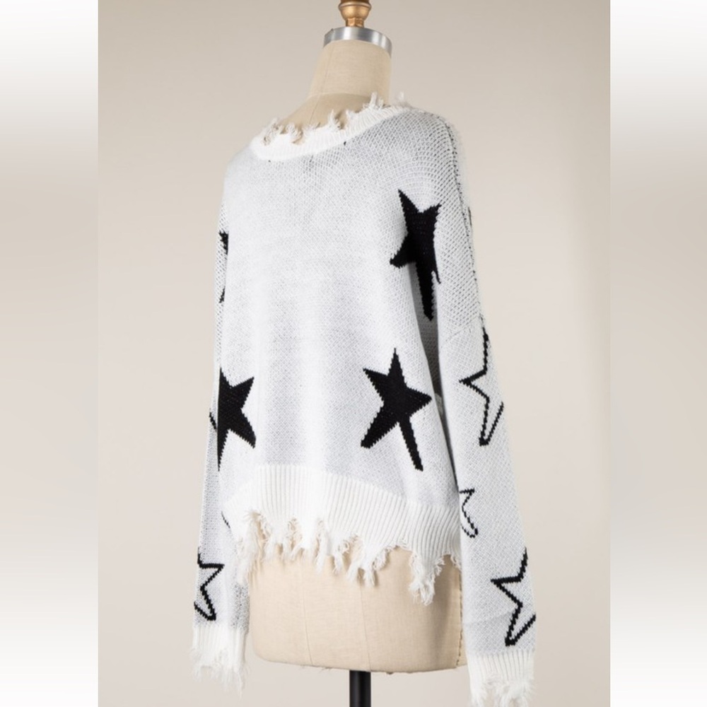 Miracle Black White Star print V Neck Long Sleeve Knit Sweater - Picture 2 of 6